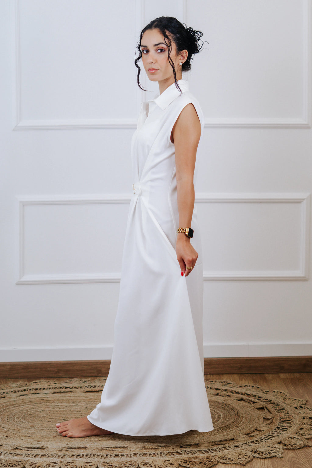 Vestido largo con cinturón - Blanco